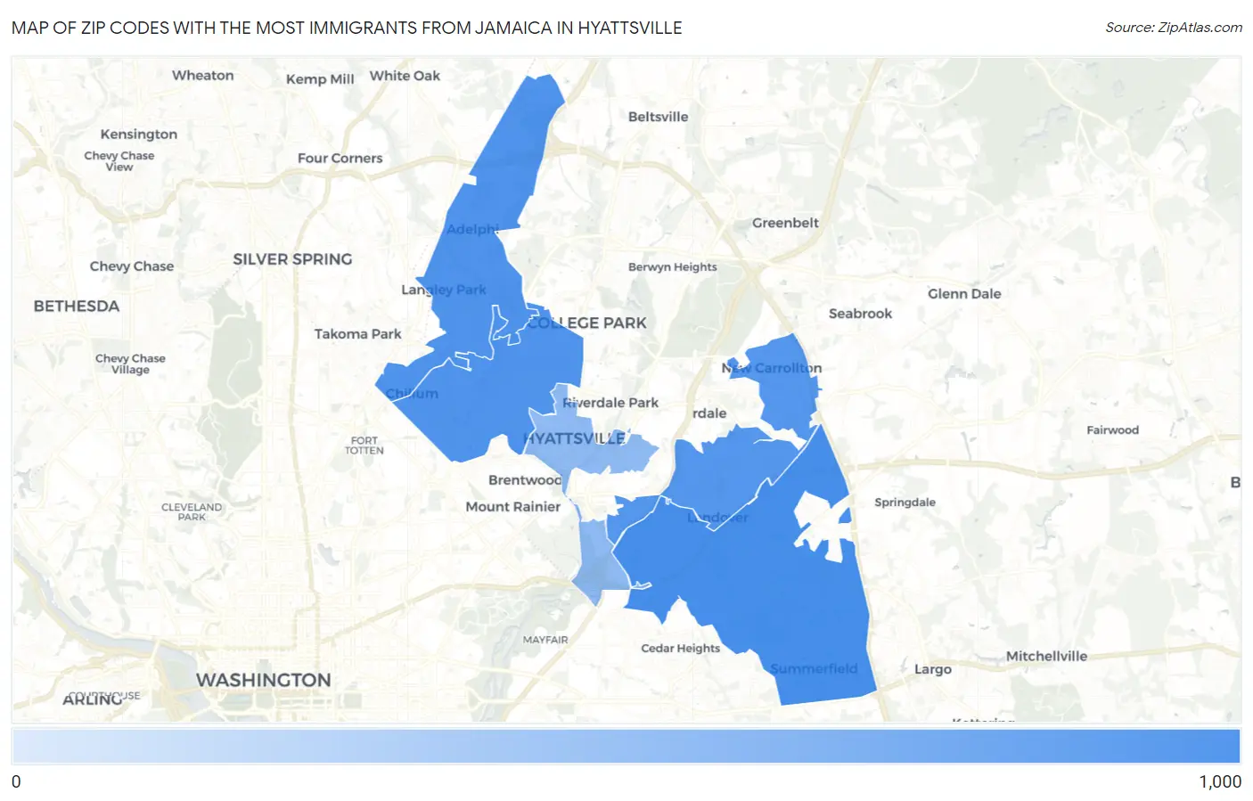 Zip Codes with the Most Immigrants from Jamaica in Hyattsville Map