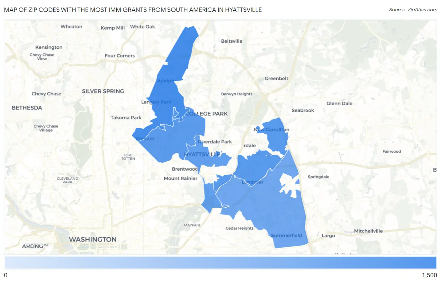 Zip Codes with the Most Immigrants from South America in Hyattsville Map