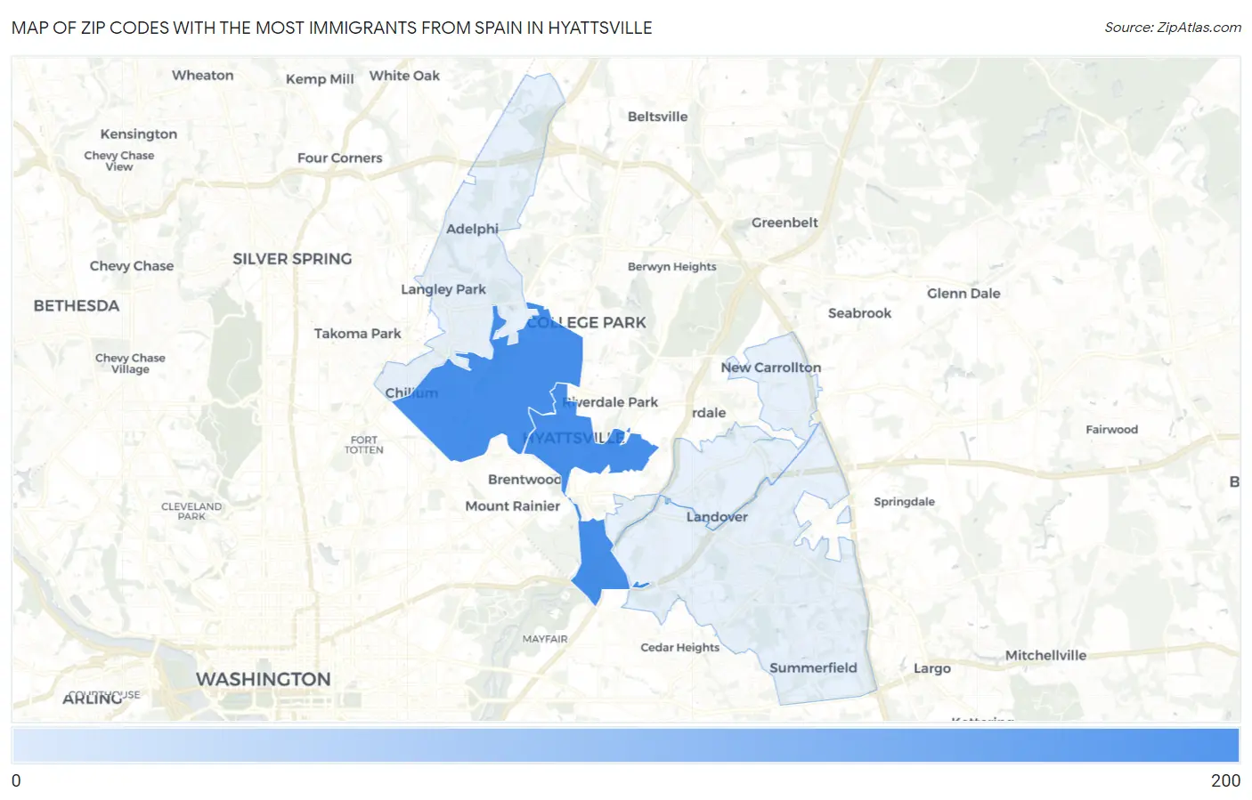 Zip Codes with the Most Immigrants from Spain in Hyattsville Map