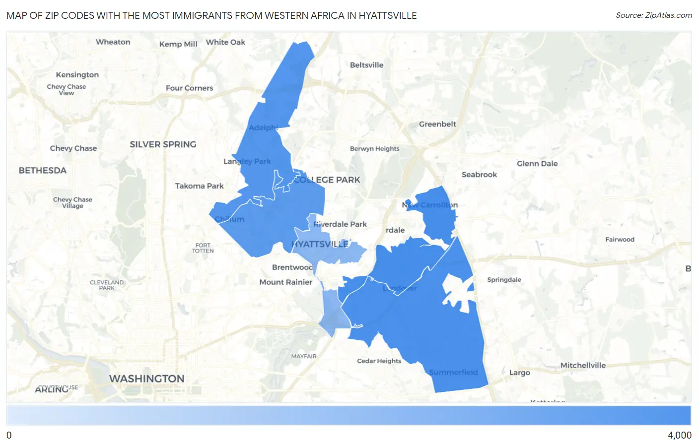 Zip Codes with the Most Immigrants from Western Africa in Hyattsville Map