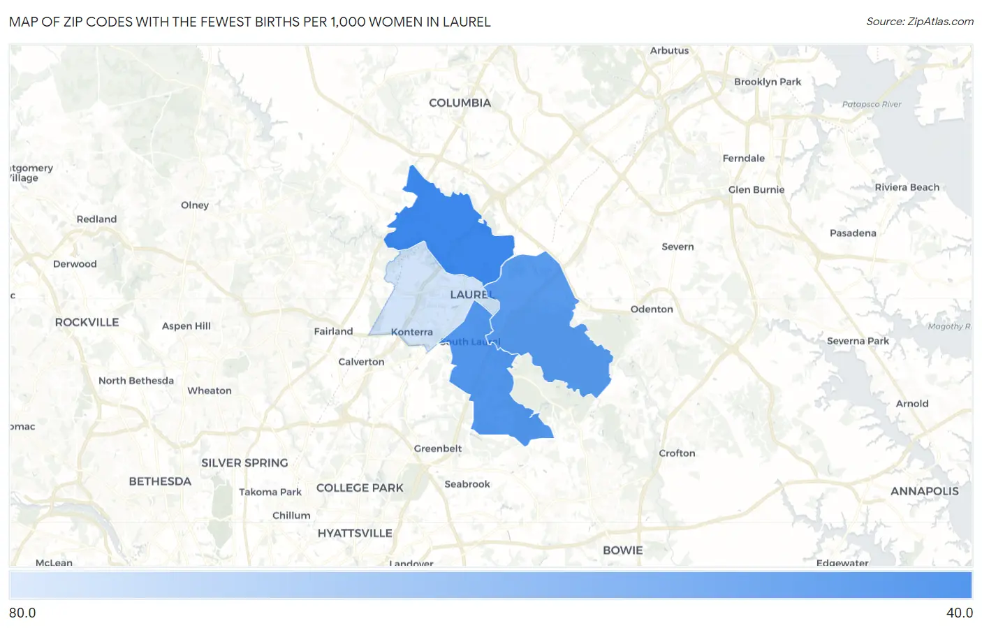 Zip Codes with the Fewest Births per 1,000 Women in Laurel Map