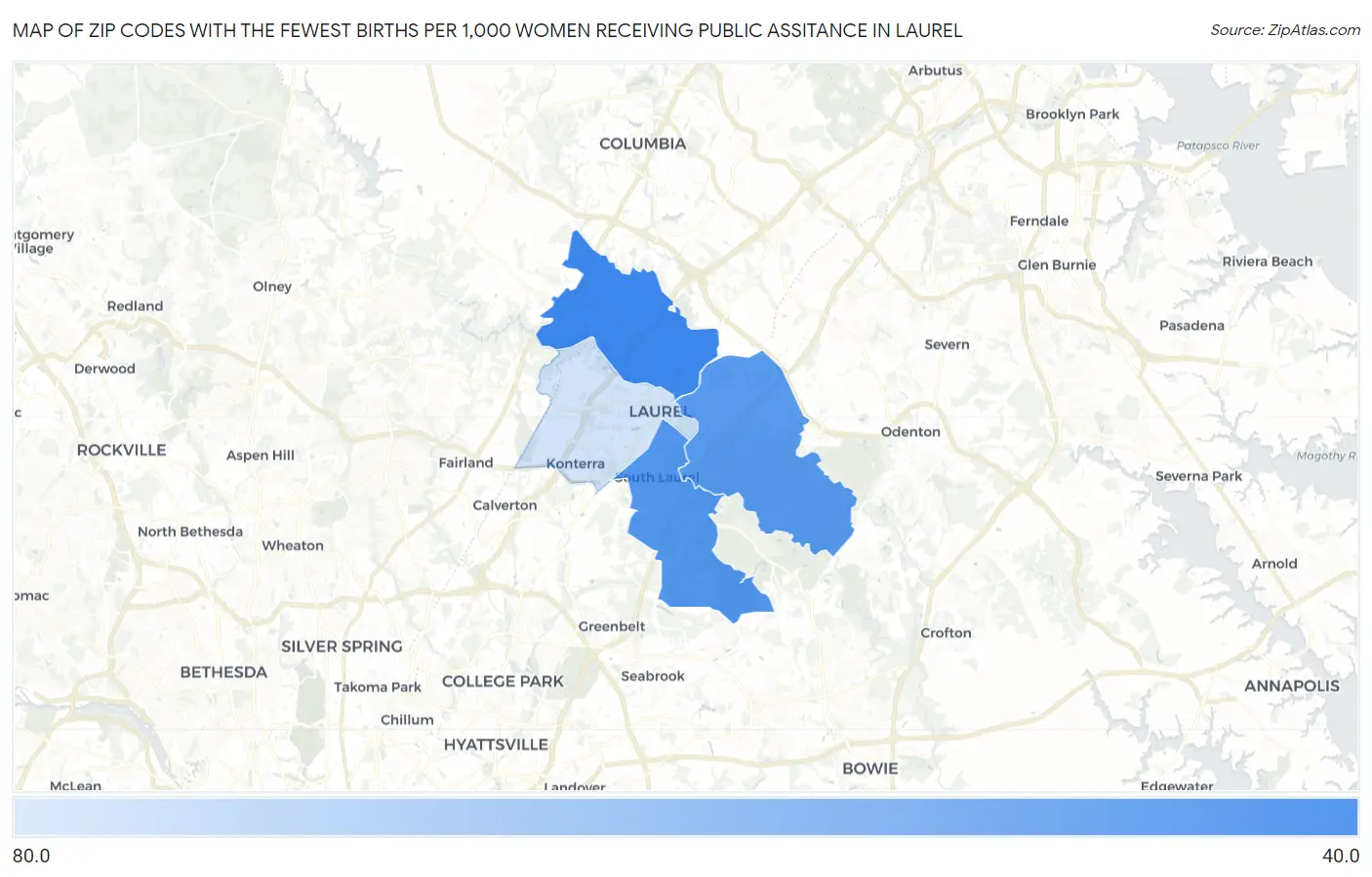 Zip Codes with the Fewest Births per 1,000 Women Receiving Public Assitance in Laurel Map