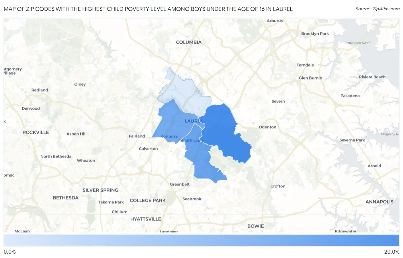 Zip Codes with the Highest Child Poverty Level Among Boys Under the Age of 16 in Laurel Map