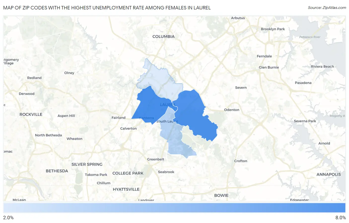 Zip Codes with the Highest Unemployment Rate Among Females in Laurel Map