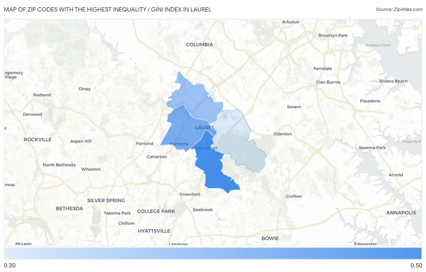 Zip Codes with the Highest Inequality / Gini Index in Laurel Map