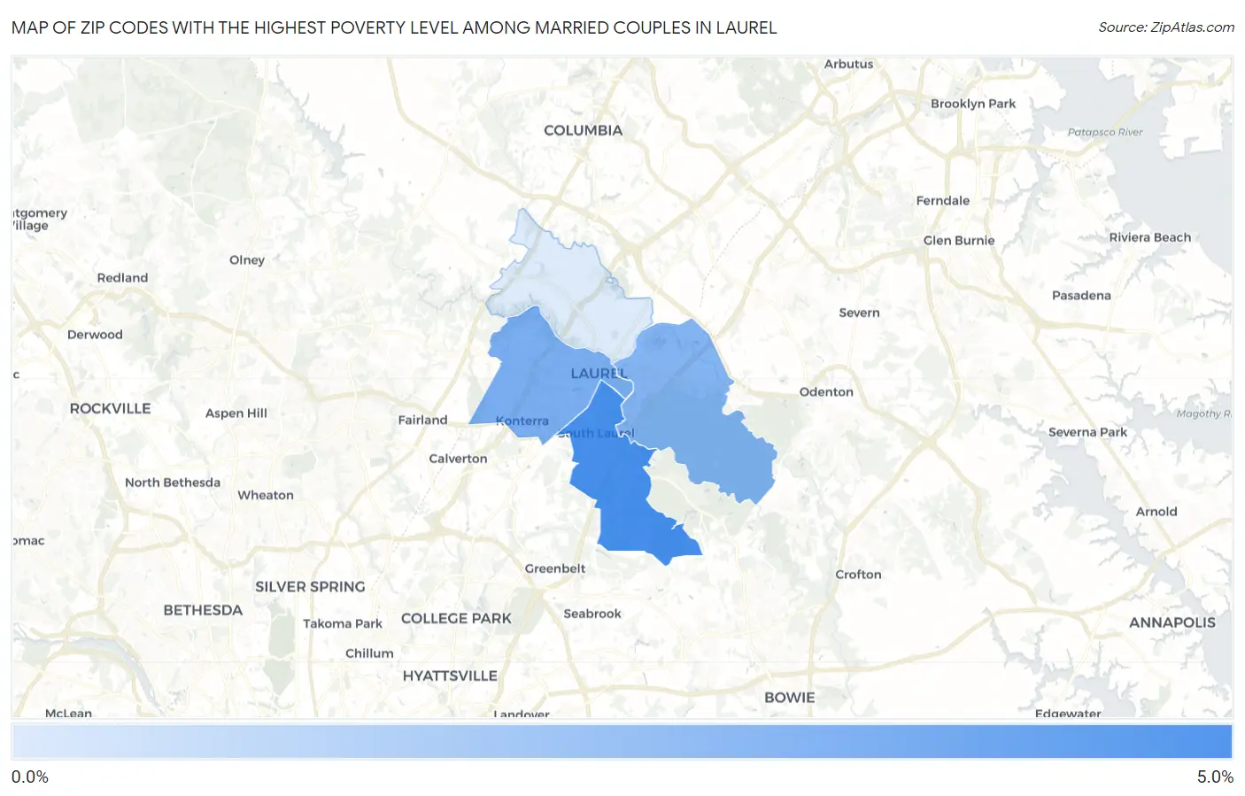 Zip Codes with the Highest Poverty Level Among Married Couples in Laurel Map