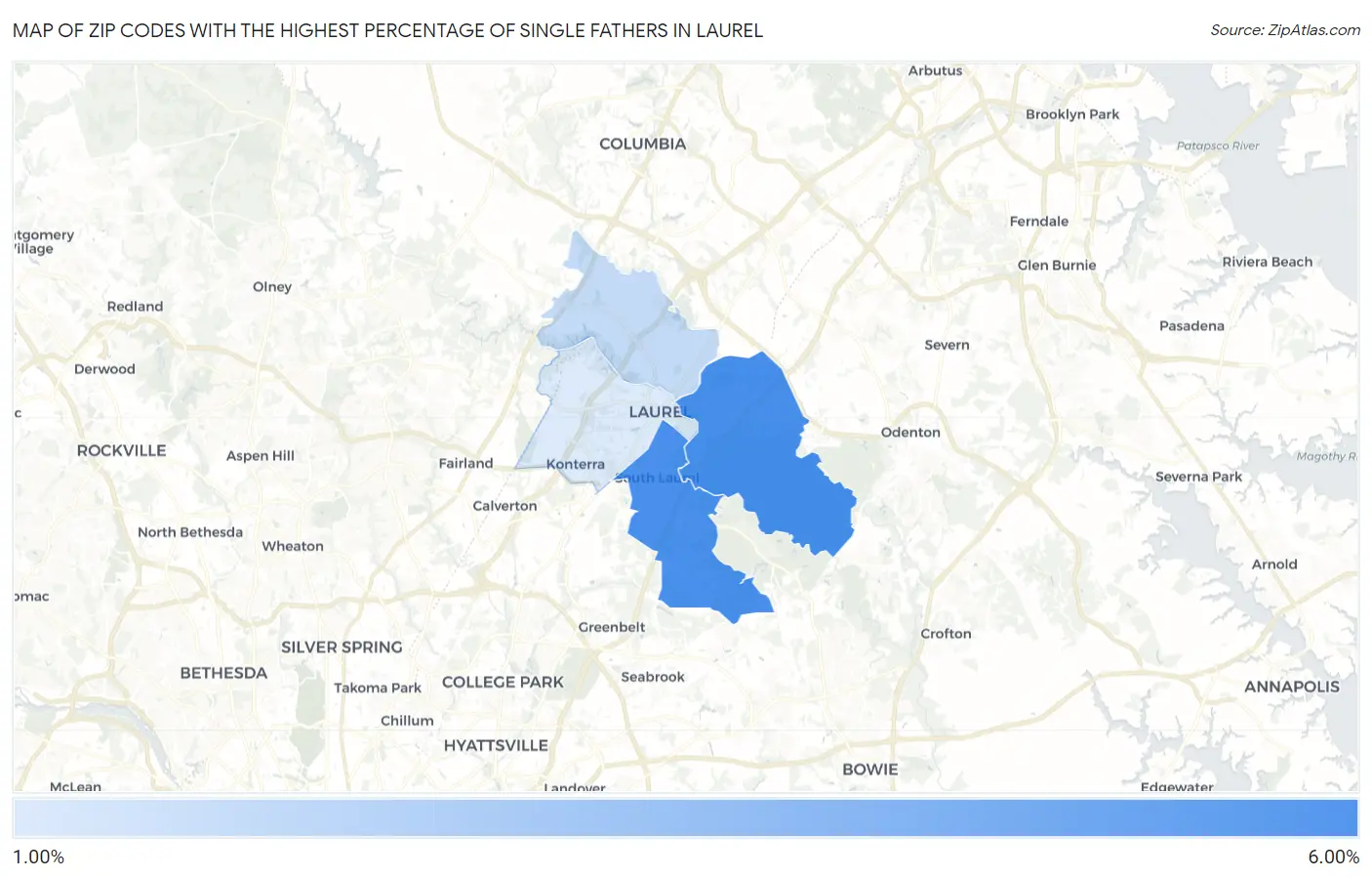 Zip Codes with the Highest Percentage of Single Fathers in Laurel Map