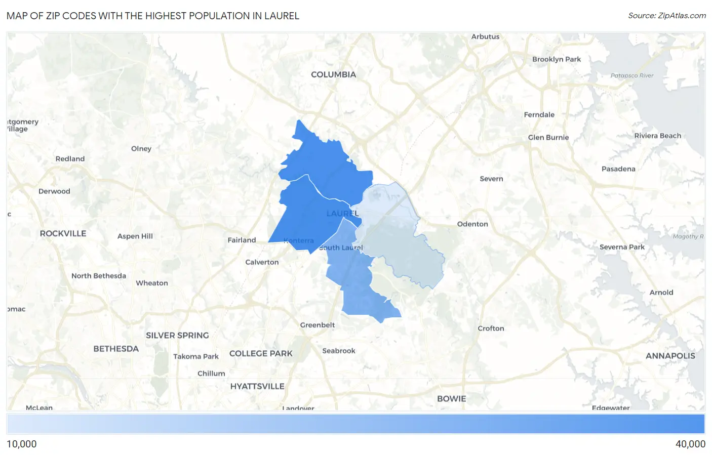 Zip Codes with the Highest Population in Laurel Map