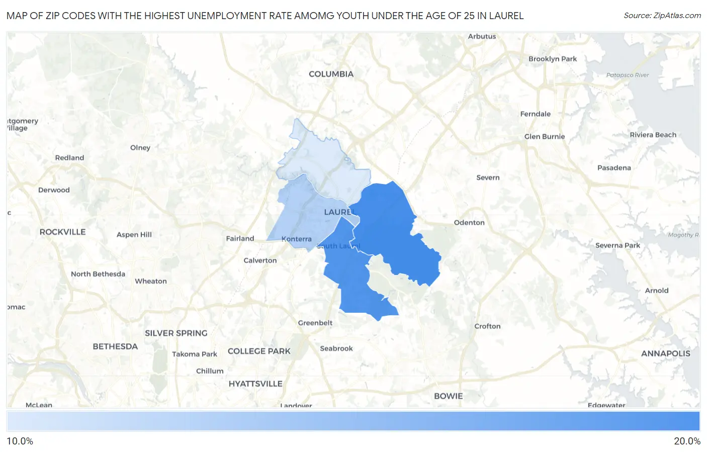 Zip Codes with the Highest Unemployment Rate Amomg Youth Under the Age of 25 in Laurel Map