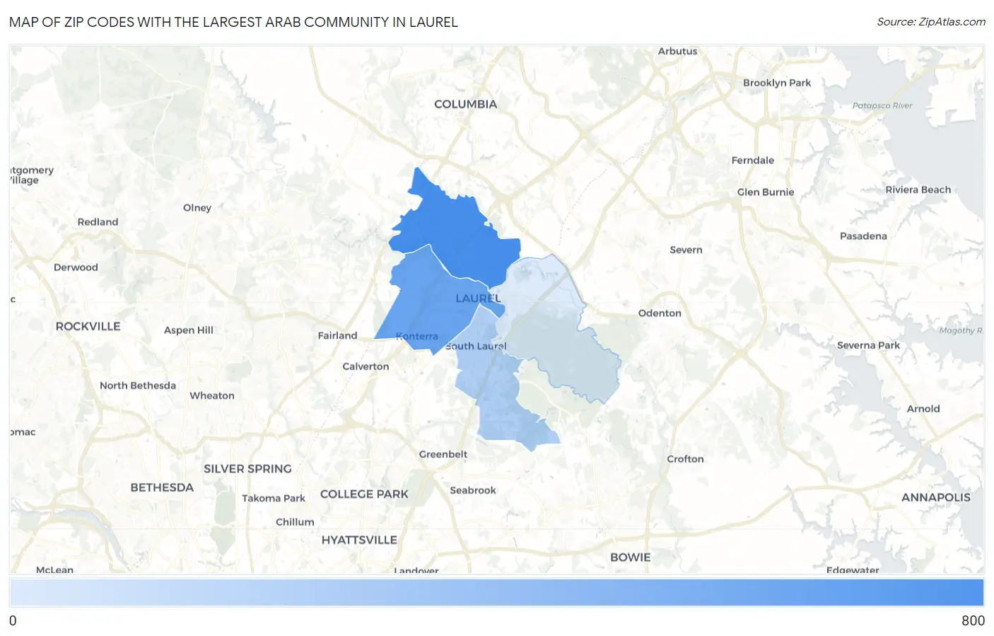 Zip Codes with the Largest Arab Community in Laurel Map