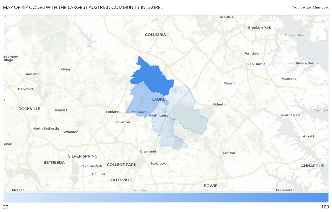 Zip Codes with the Largest Austrian Community in Laurel Map