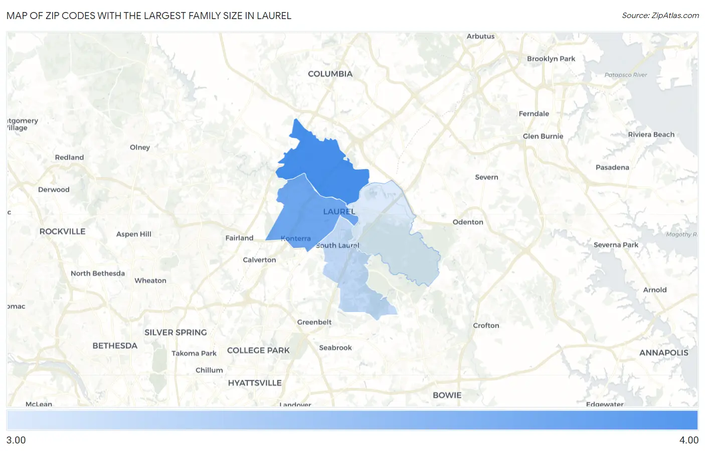 Zip Codes with the Largest Family Size in Laurel Map