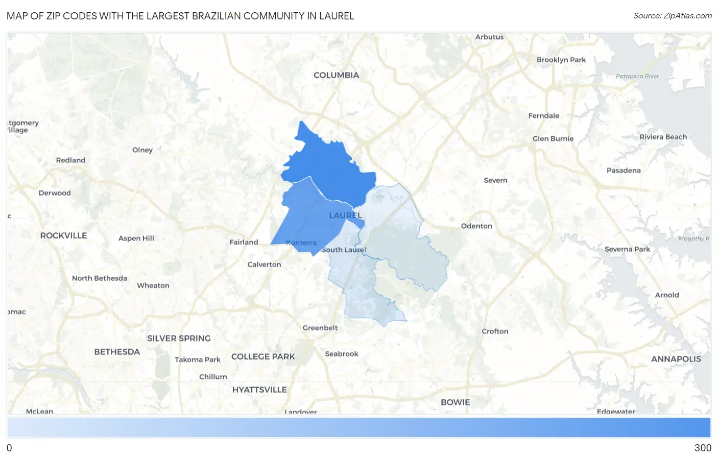 Zip Codes with the Largest Brazilian Community in Laurel Map