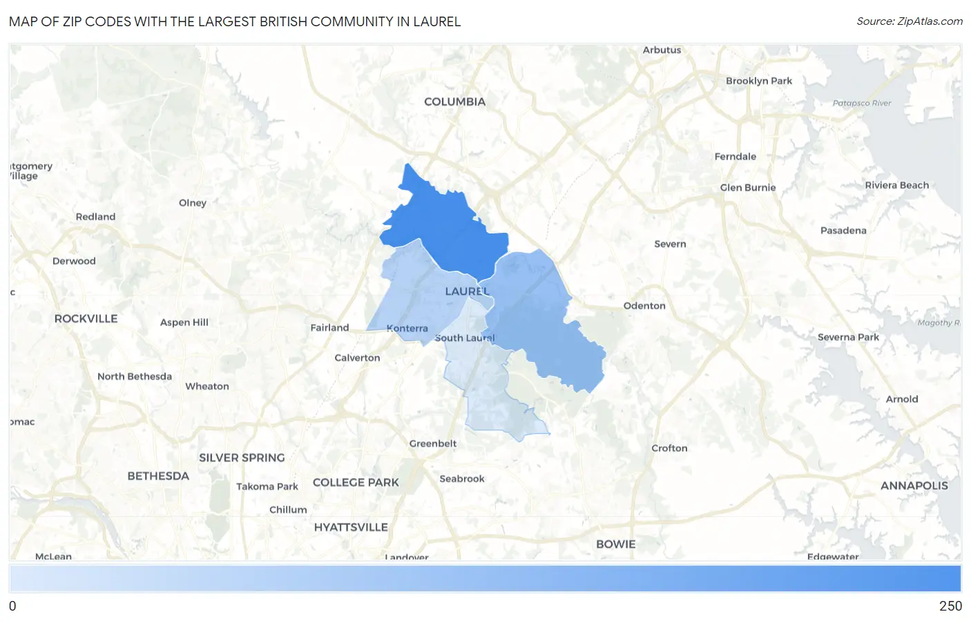 Zip Codes with the Largest British Community in Laurel Map