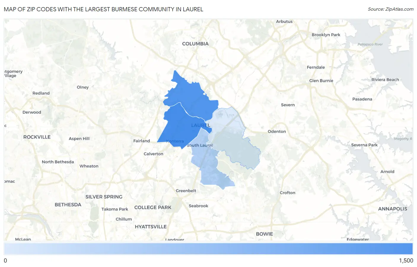 Zip Codes with the Largest Burmese Community in Laurel Map