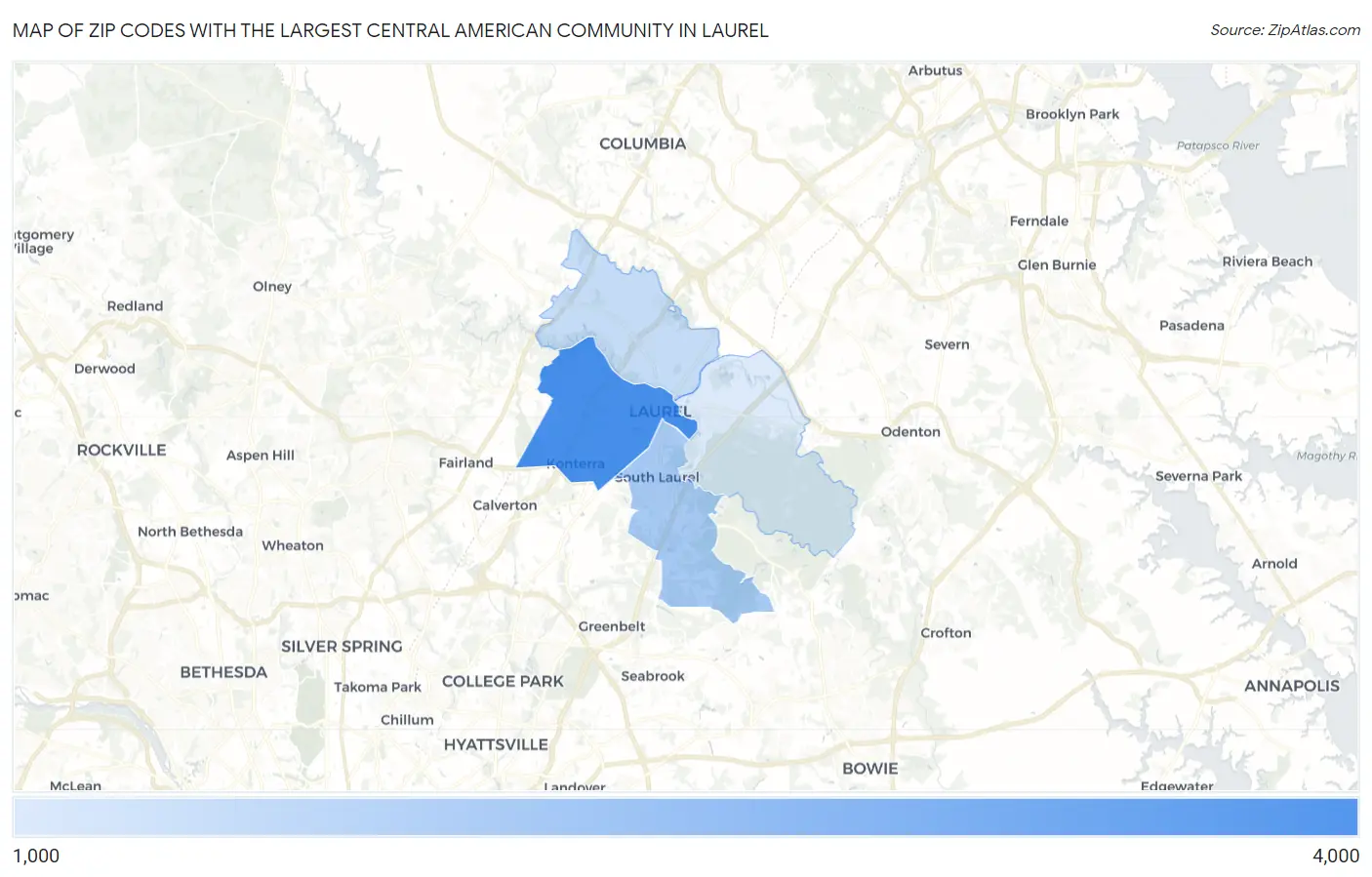 Zip Codes with the Largest Central American Community in Laurel Map