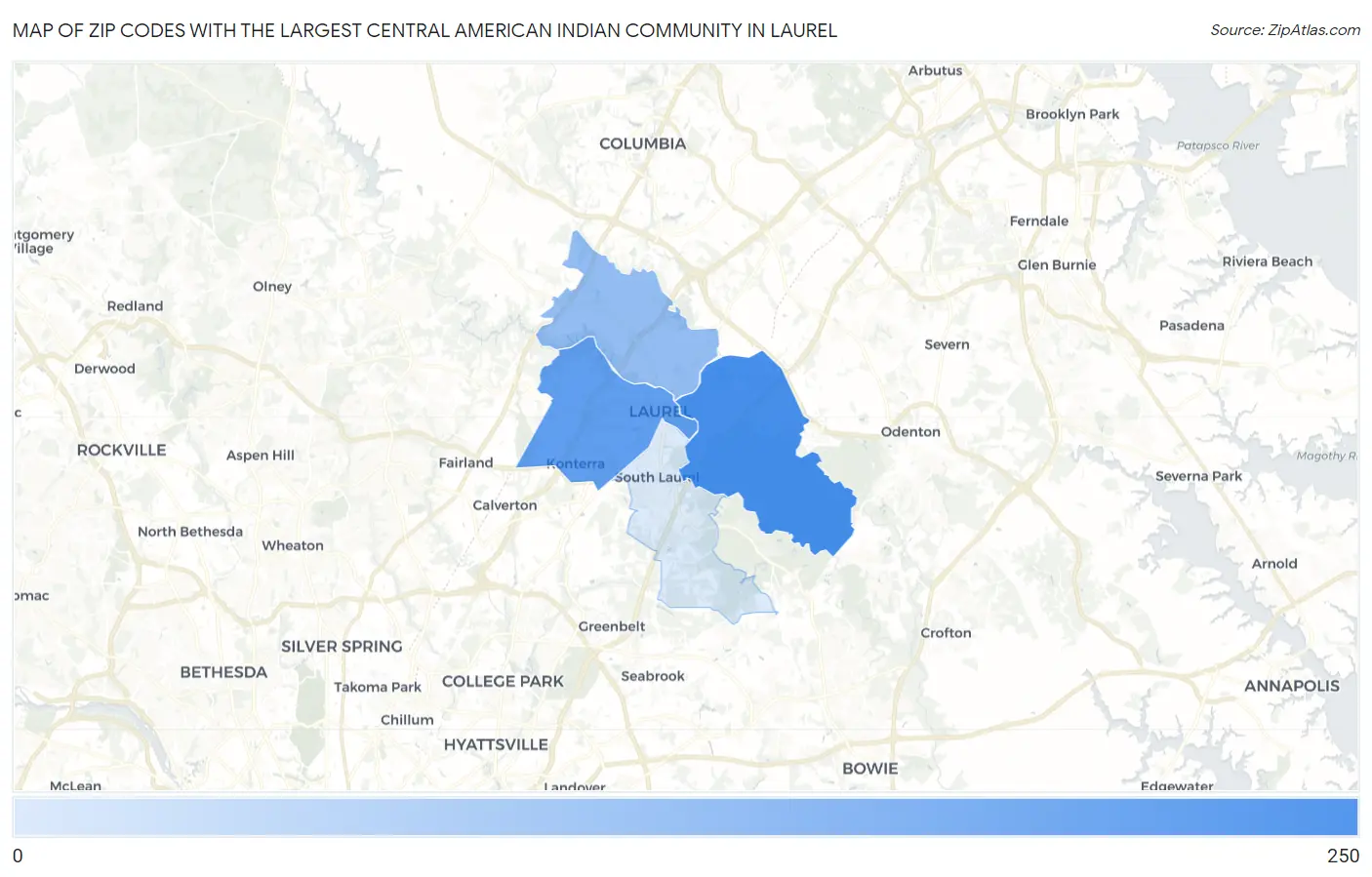 Zip Codes with the Largest Central American Indian Community in Laurel Map