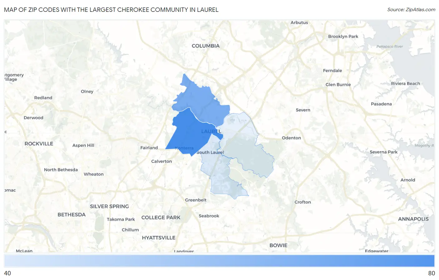 Zip Codes with the Largest Cherokee Community in Laurel Map