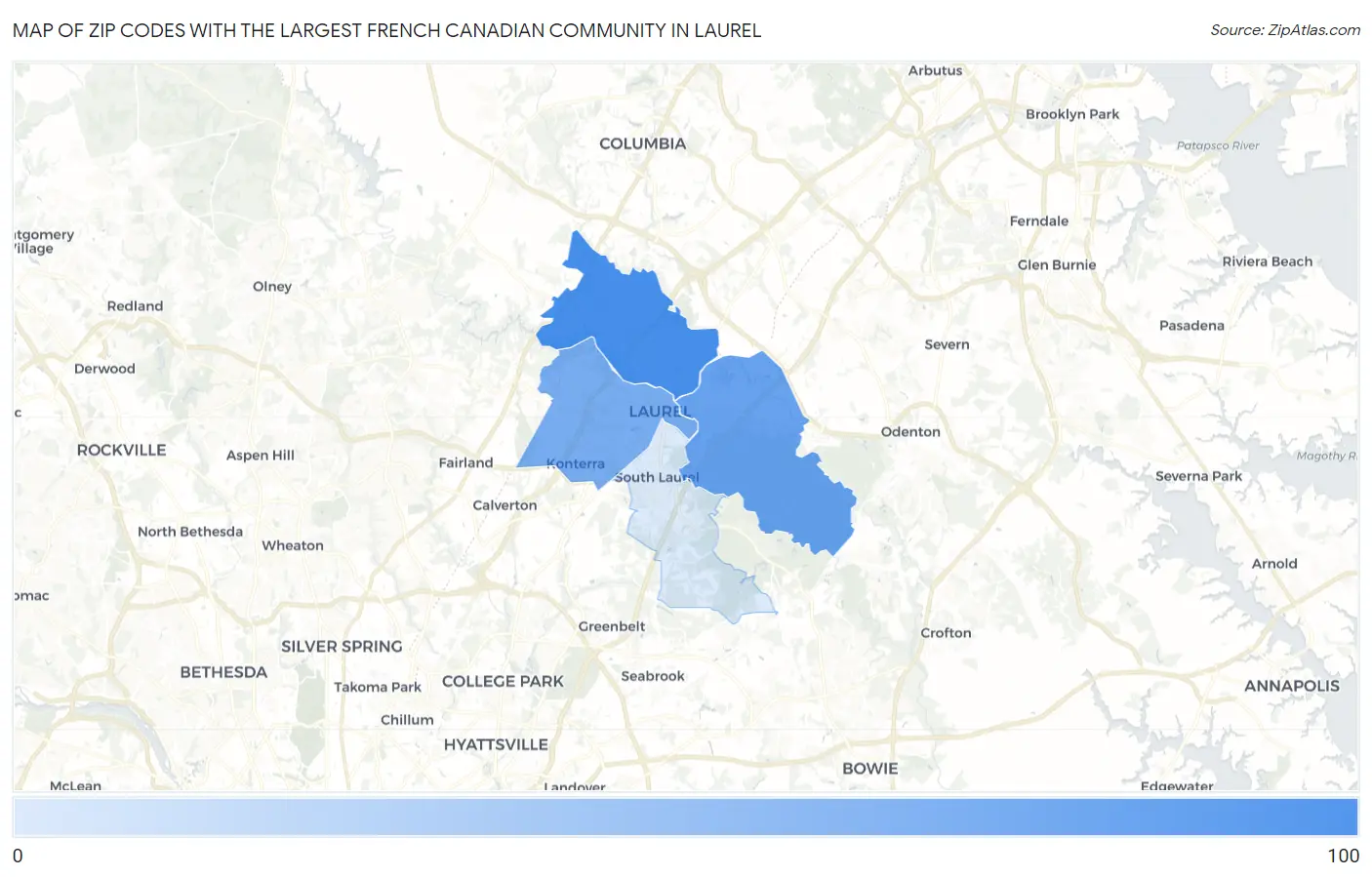 Zip Codes with the Largest French Canadian Community in Laurel Map