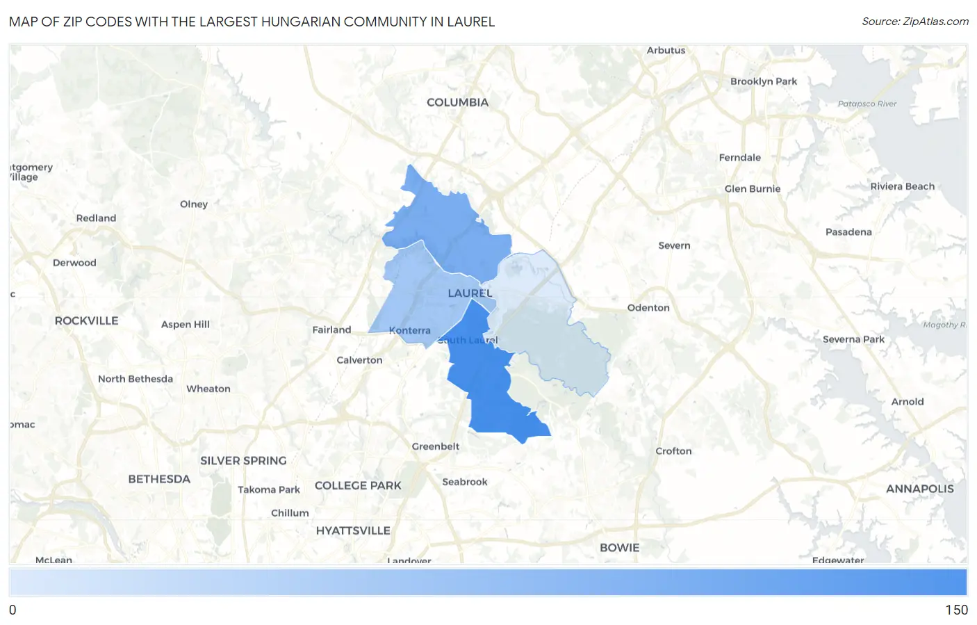 Zip Codes with the Largest Hungarian Community in Laurel Map