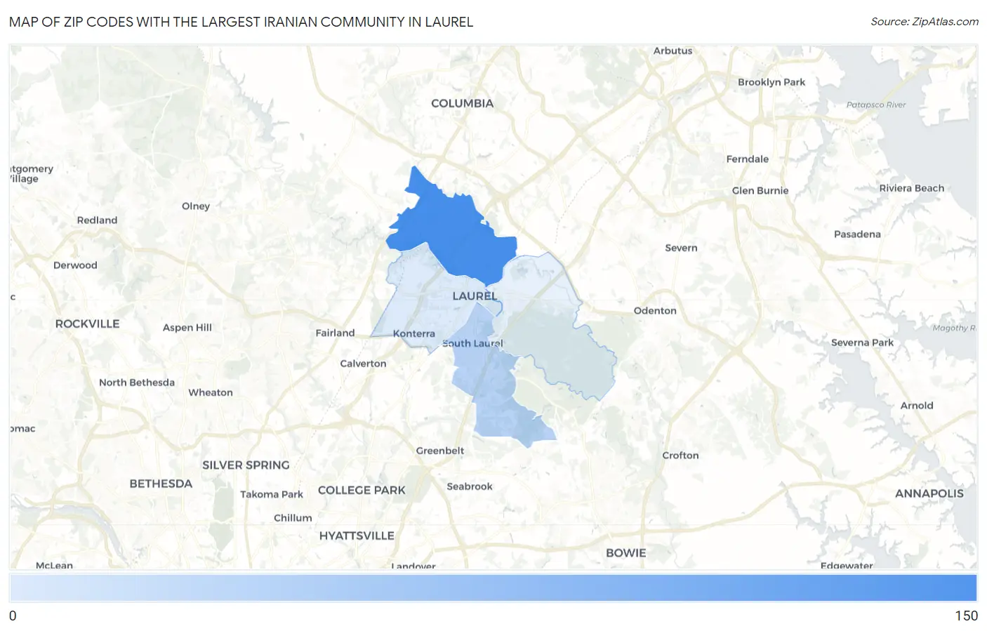 Zip Codes with the Largest Iranian Community in Laurel Map