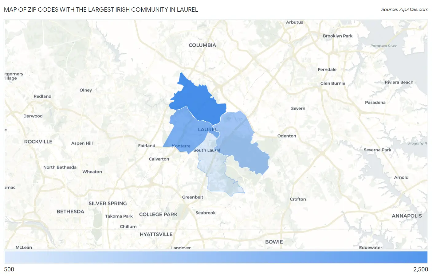 Zip Codes with the Largest Irish Community in Laurel Map