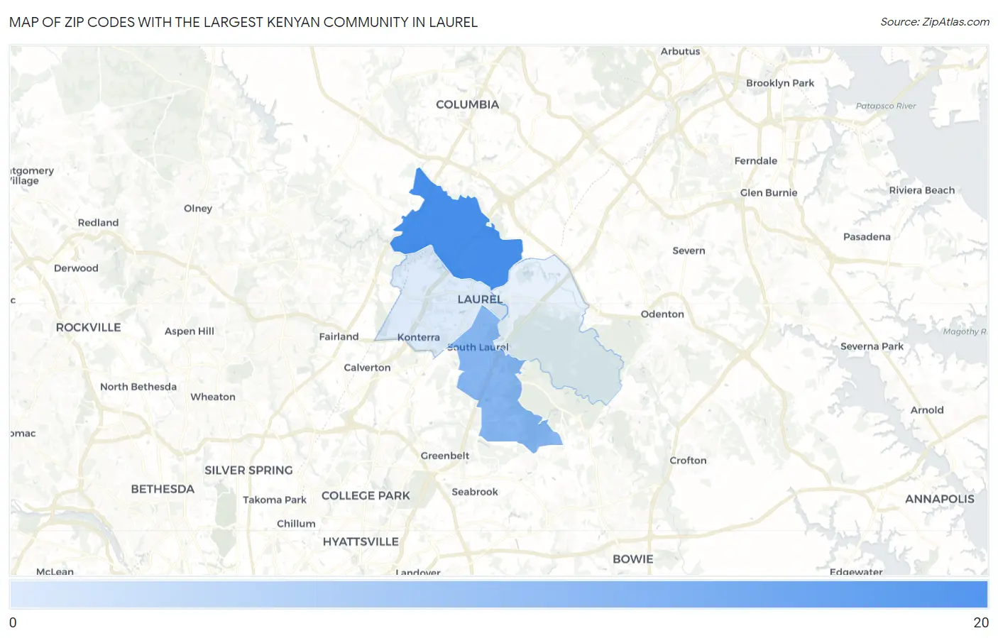 Zip Codes with the Largest Kenyan Community in Laurel Map