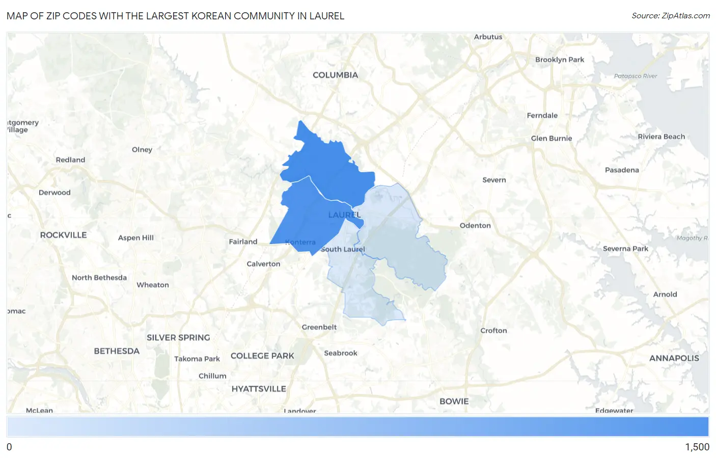 Zip Codes with the Largest Korean Community in Laurel Map