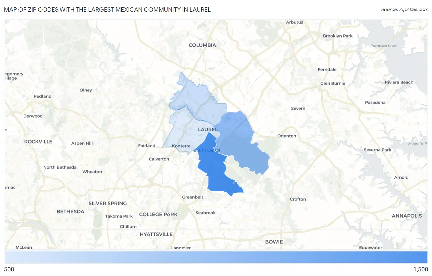 Zip Codes with the Largest Mexican Community in Laurel Map