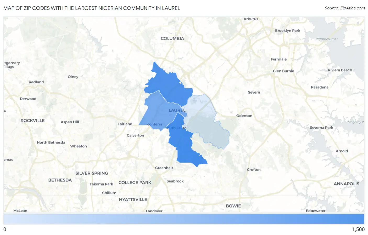 Zip Codes with the Largest Nigerian Community in Laurel Map