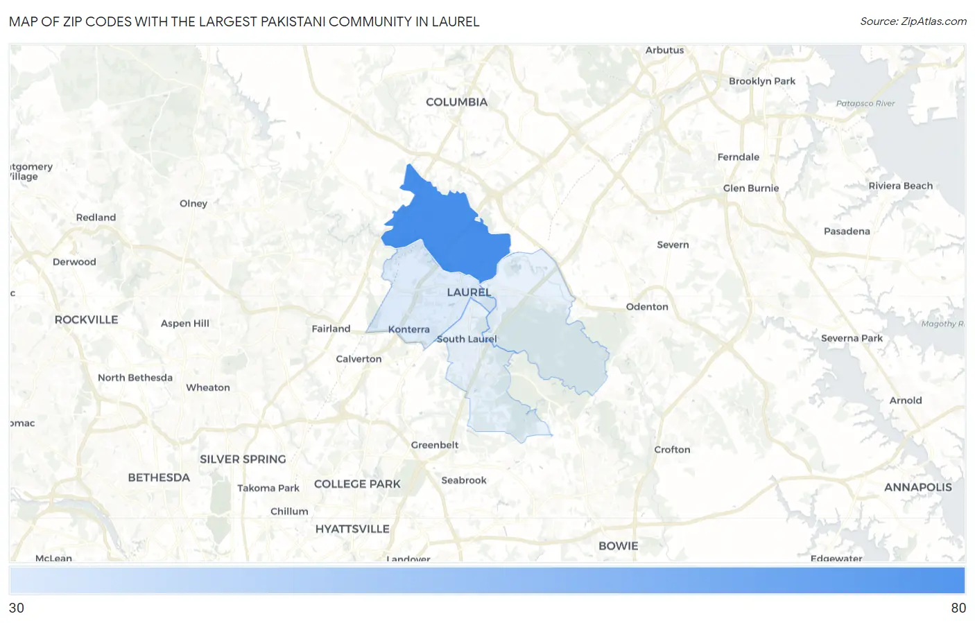 Zip Codes with the Largest Pakistani Community in Laurel Map