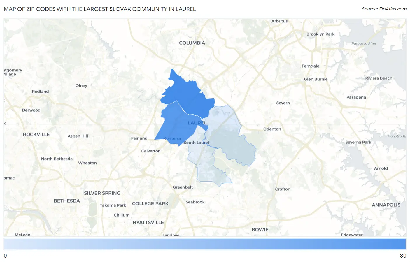 Zip Codes with the Largest Slovak Community in Laurel Map