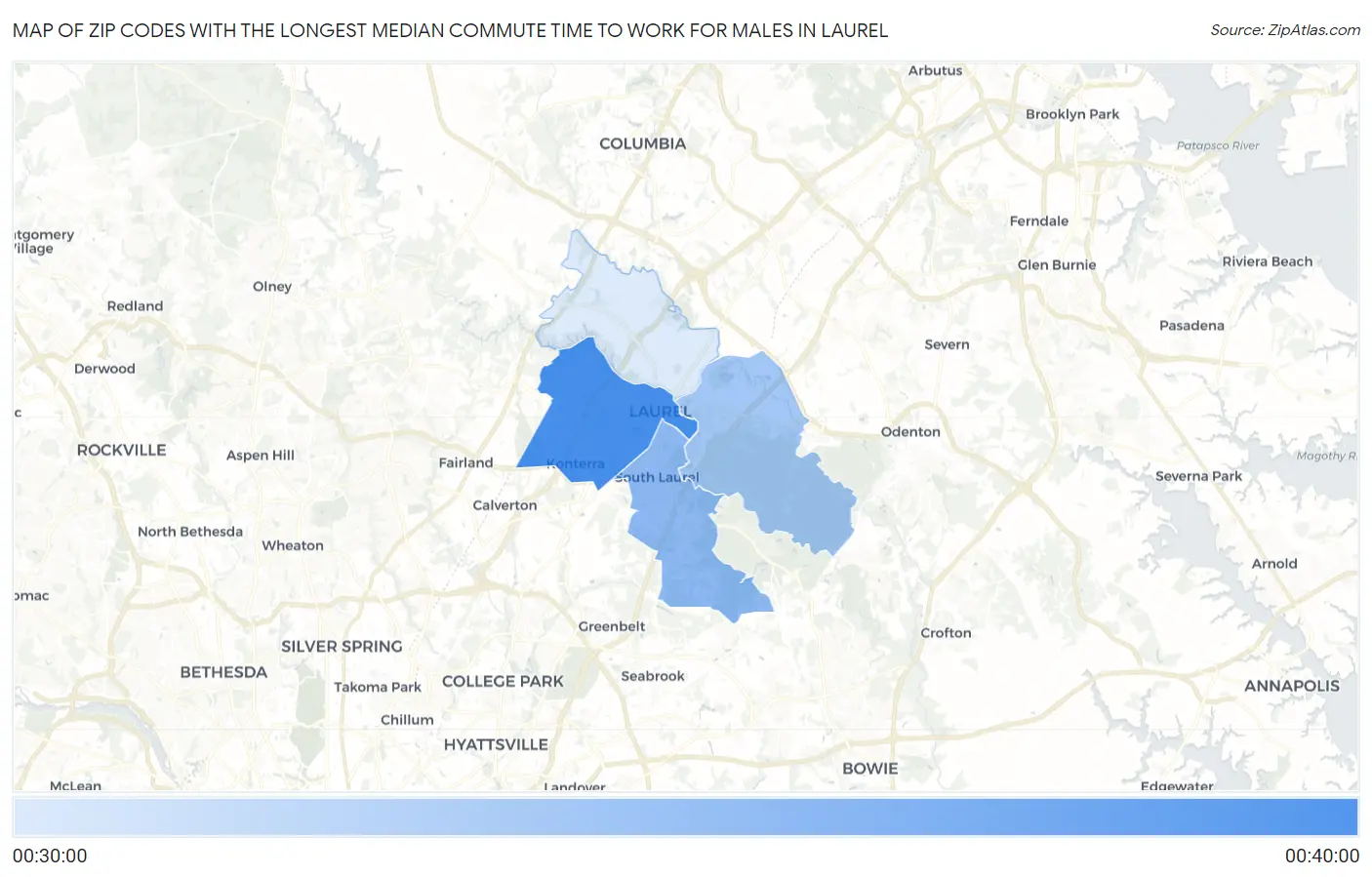 Zip Codes with the Longest Median Commute Time to Work for Males in Laurel Map