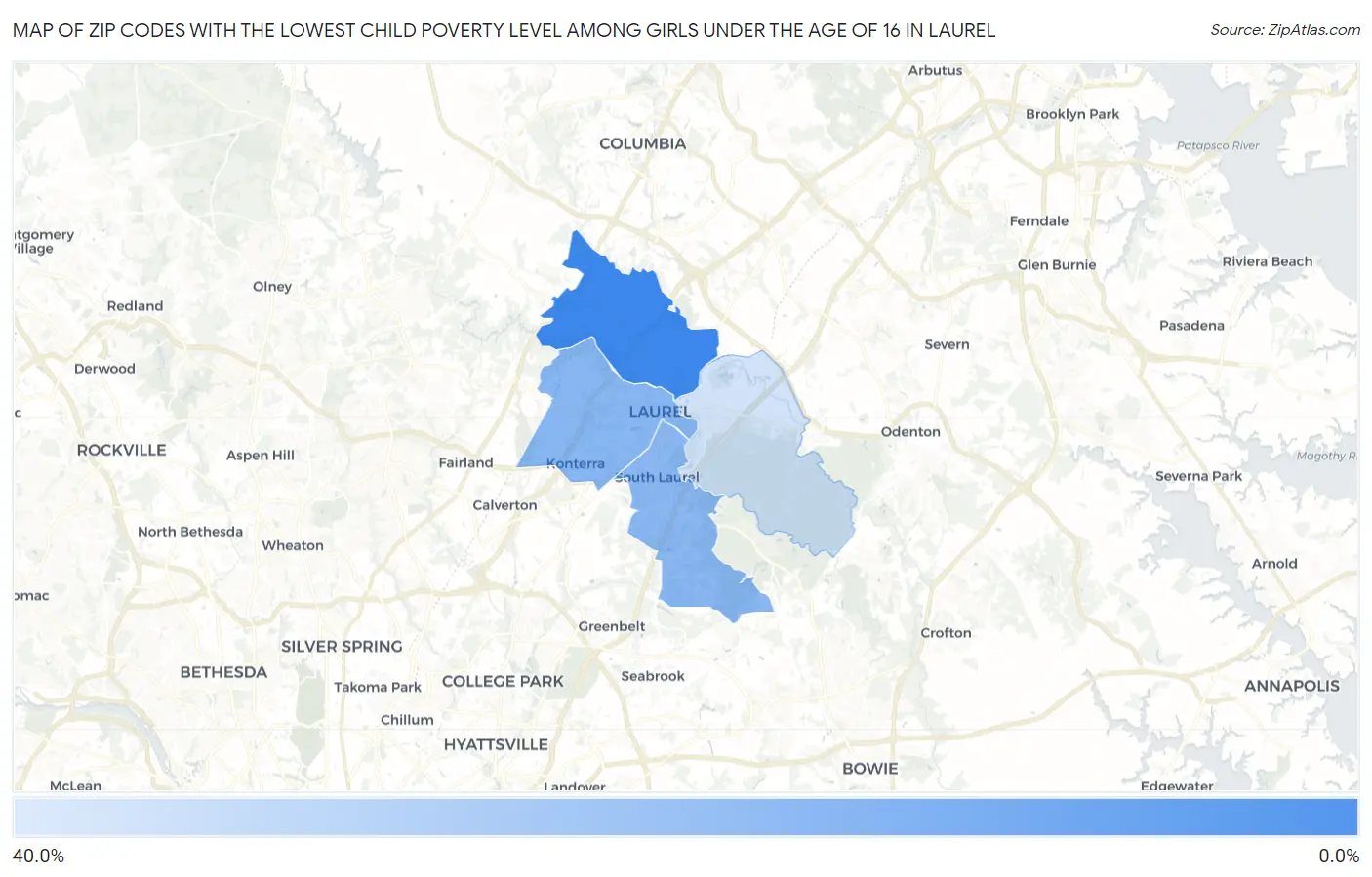 Zip Codes with the Lowest Child Poverty Level Among Girls Under the Age of 16 in Laurel Map