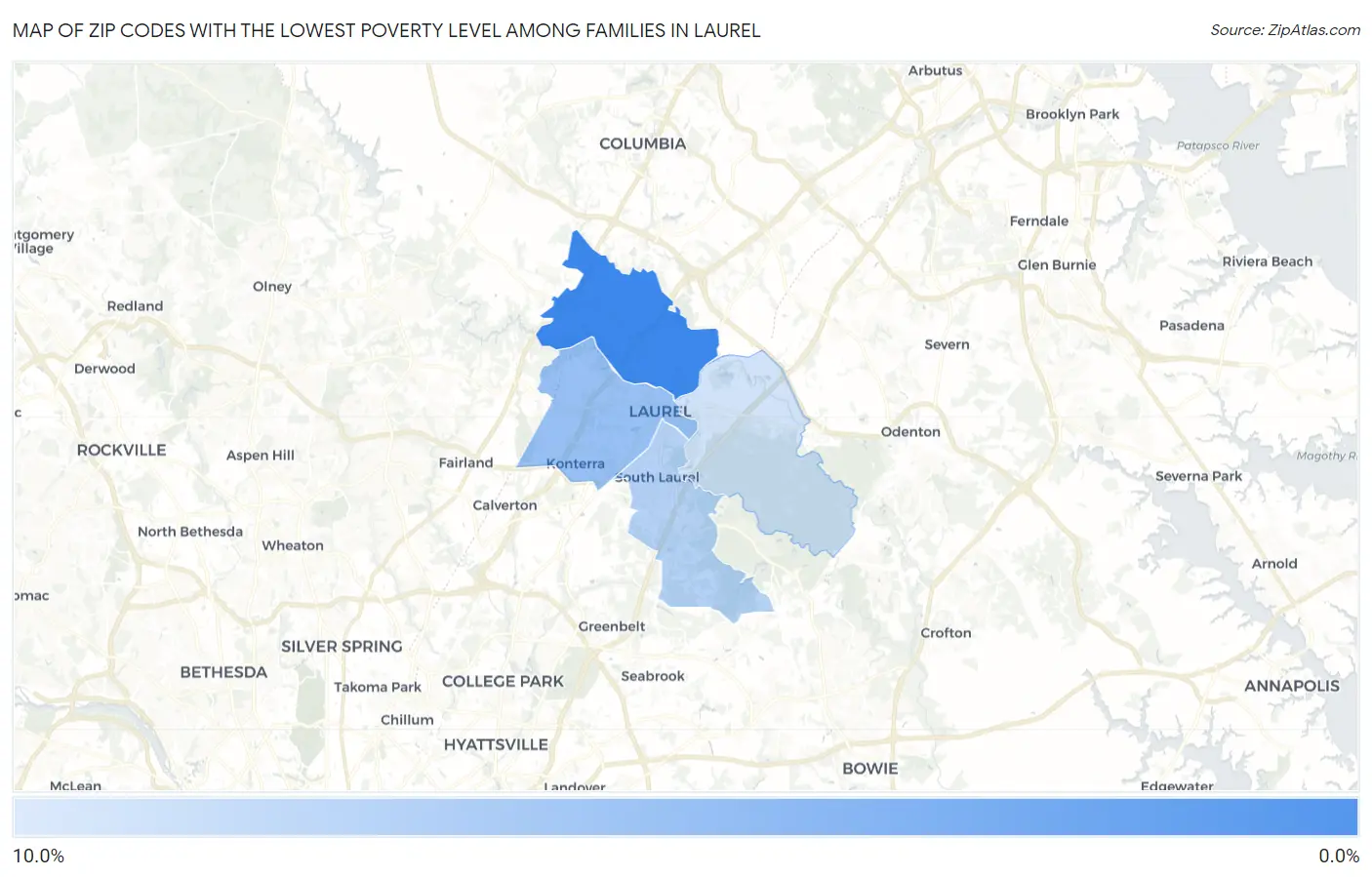 Zip Codes with the Lowest Poverty Level Among Families in Laurel Map