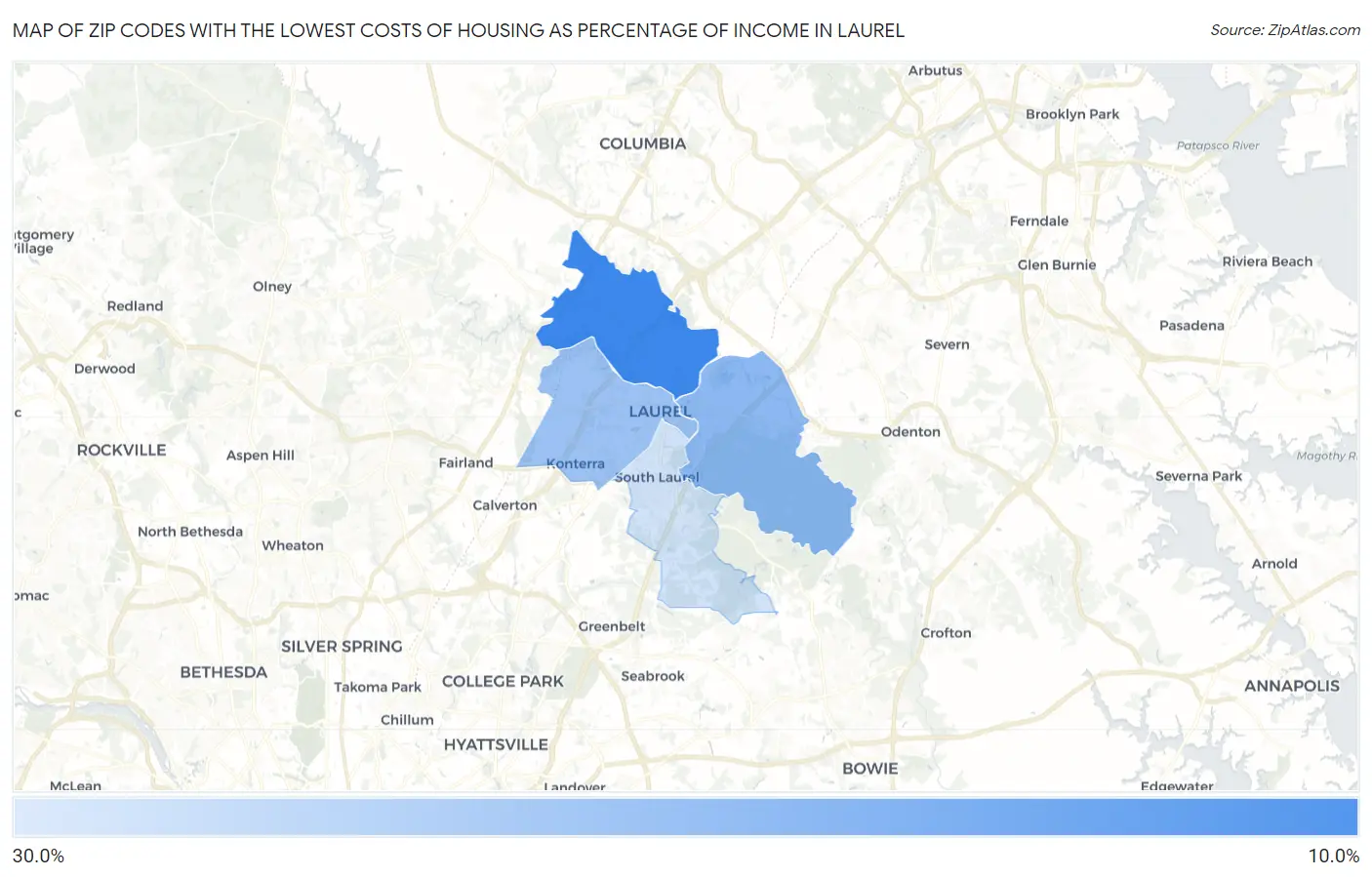 Zip Codes with the Lowest Costs of Housing as Percentage of Income in Laurel Map