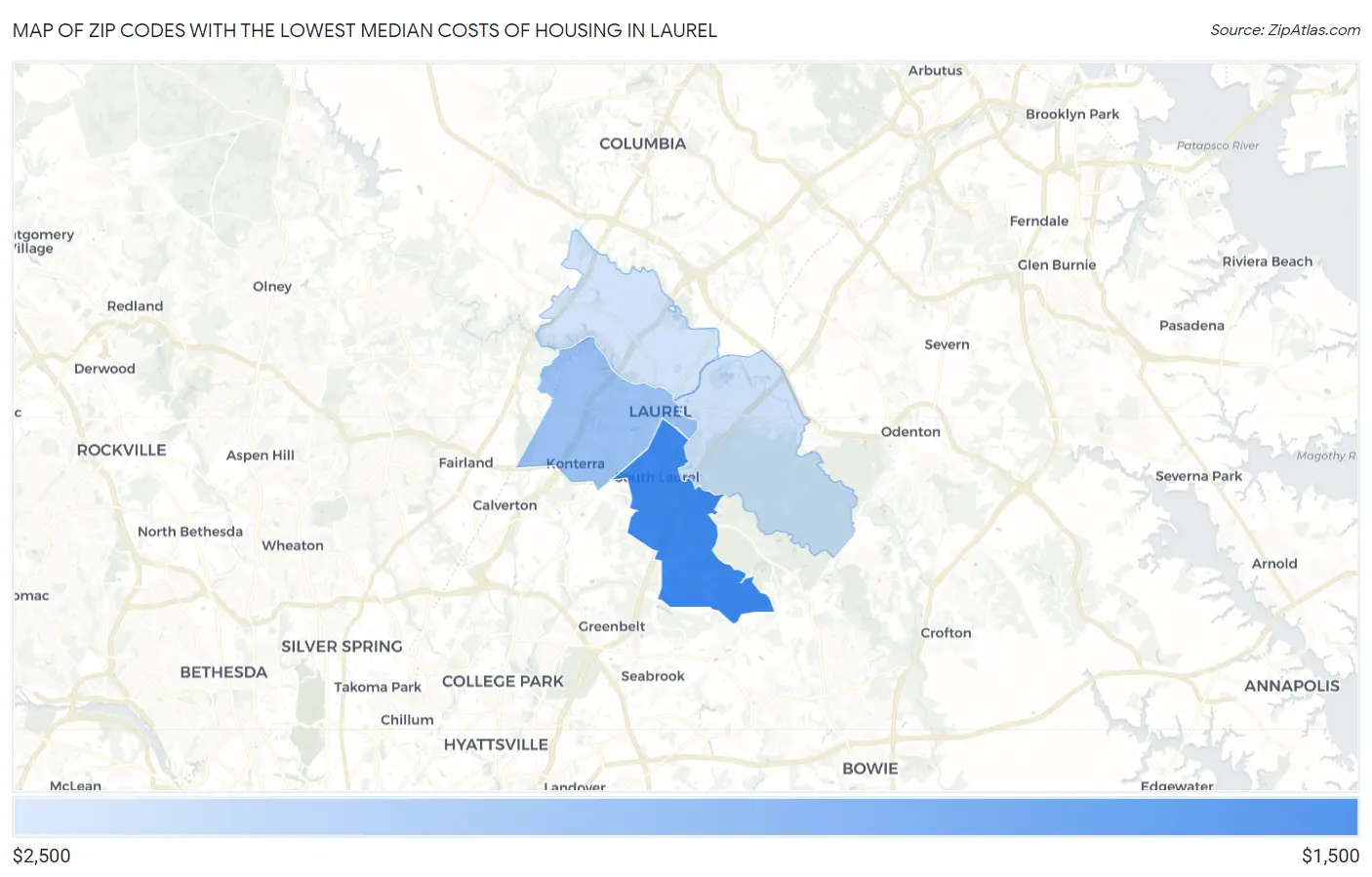 Zip Codes with the Lowest Median Costs of Housing in Laurel Map