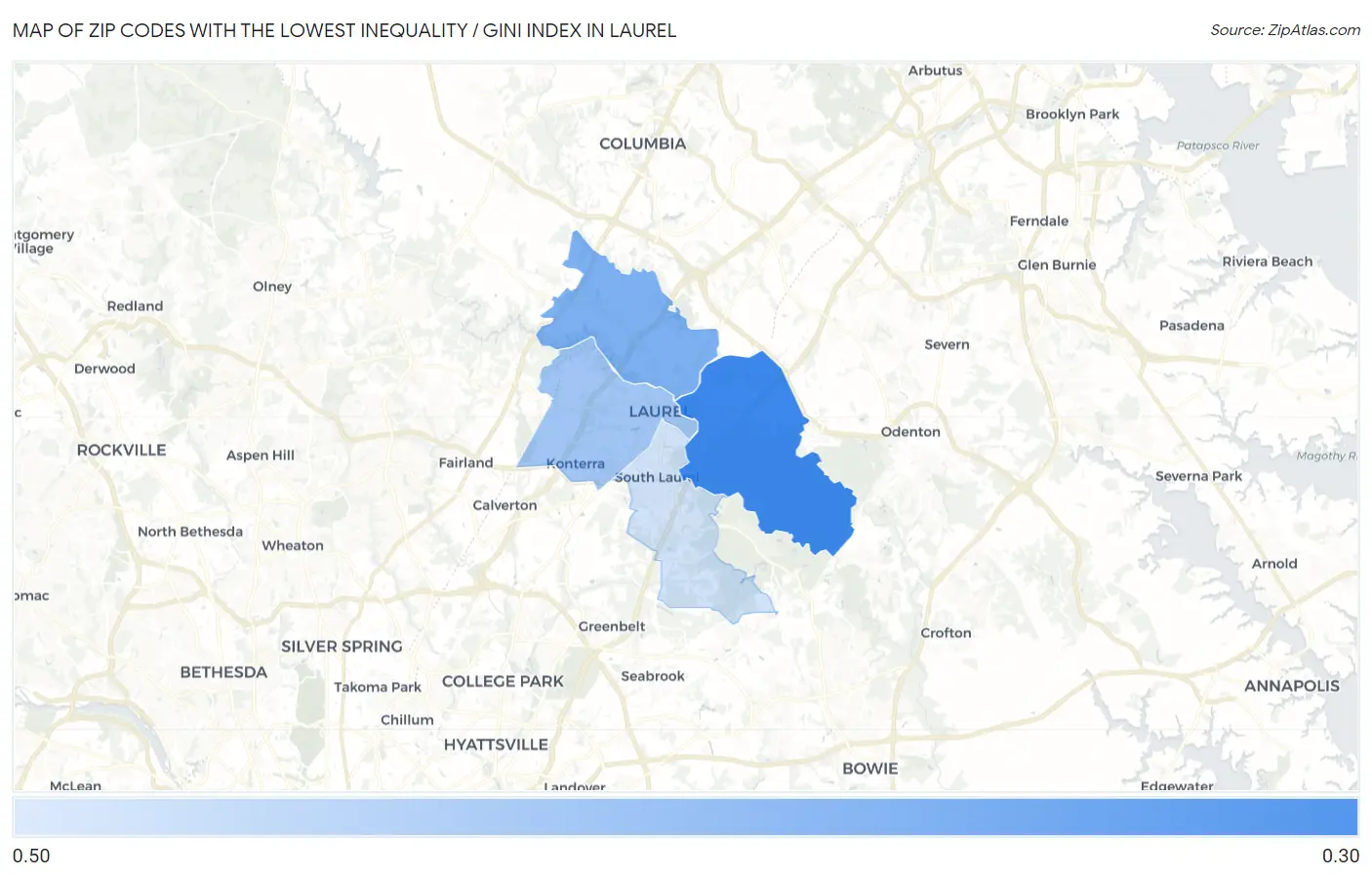 Zip Codes with the Lowest Inequality / Gini Index in Laurel Map