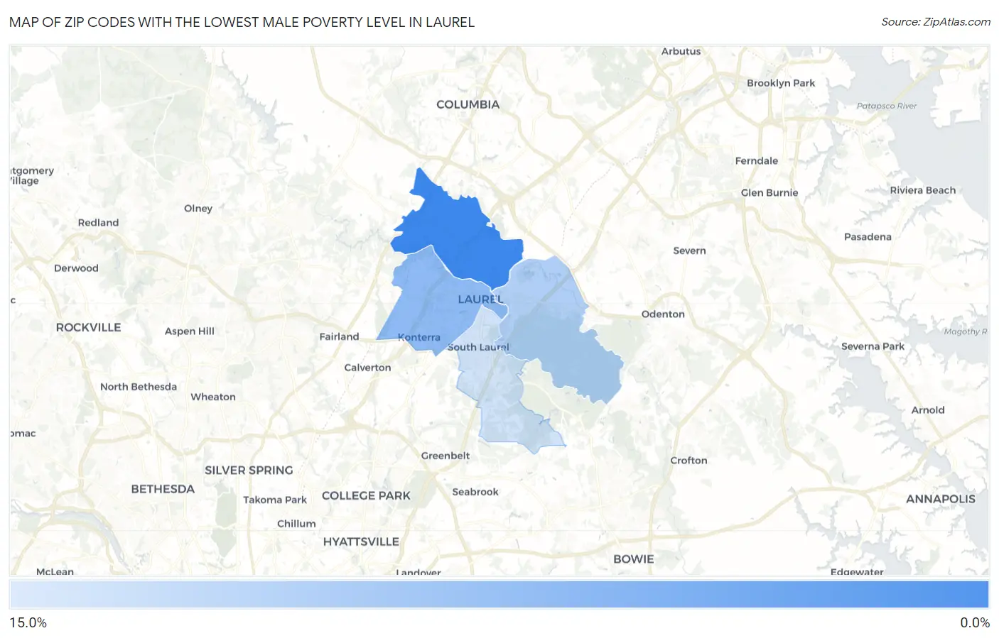 Zip Codes with the Lowest Male Poverty Level in Laurel Map