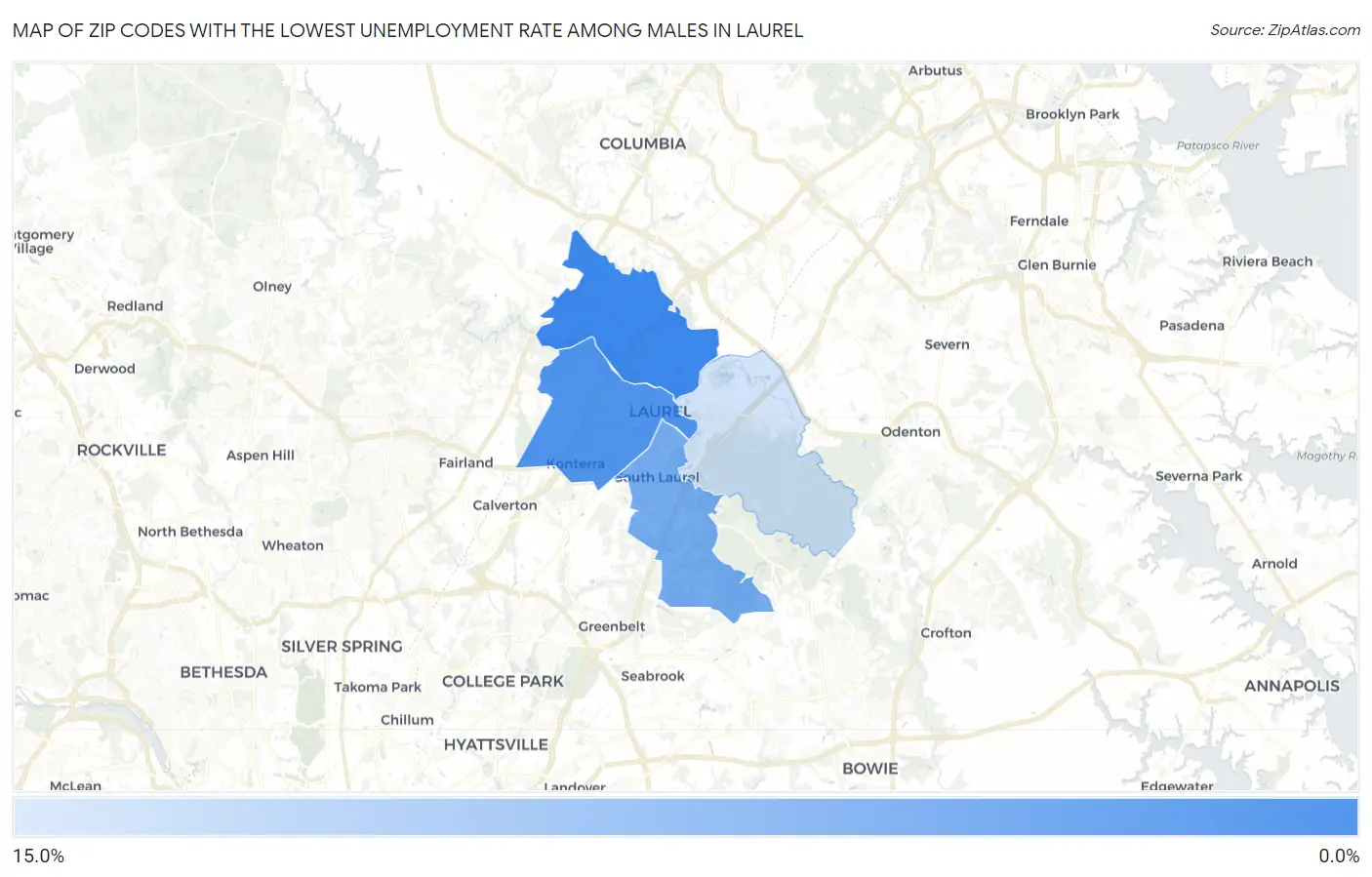 Zip Codes with the Lowest Unemployment Rate Among Males in Laurel Map