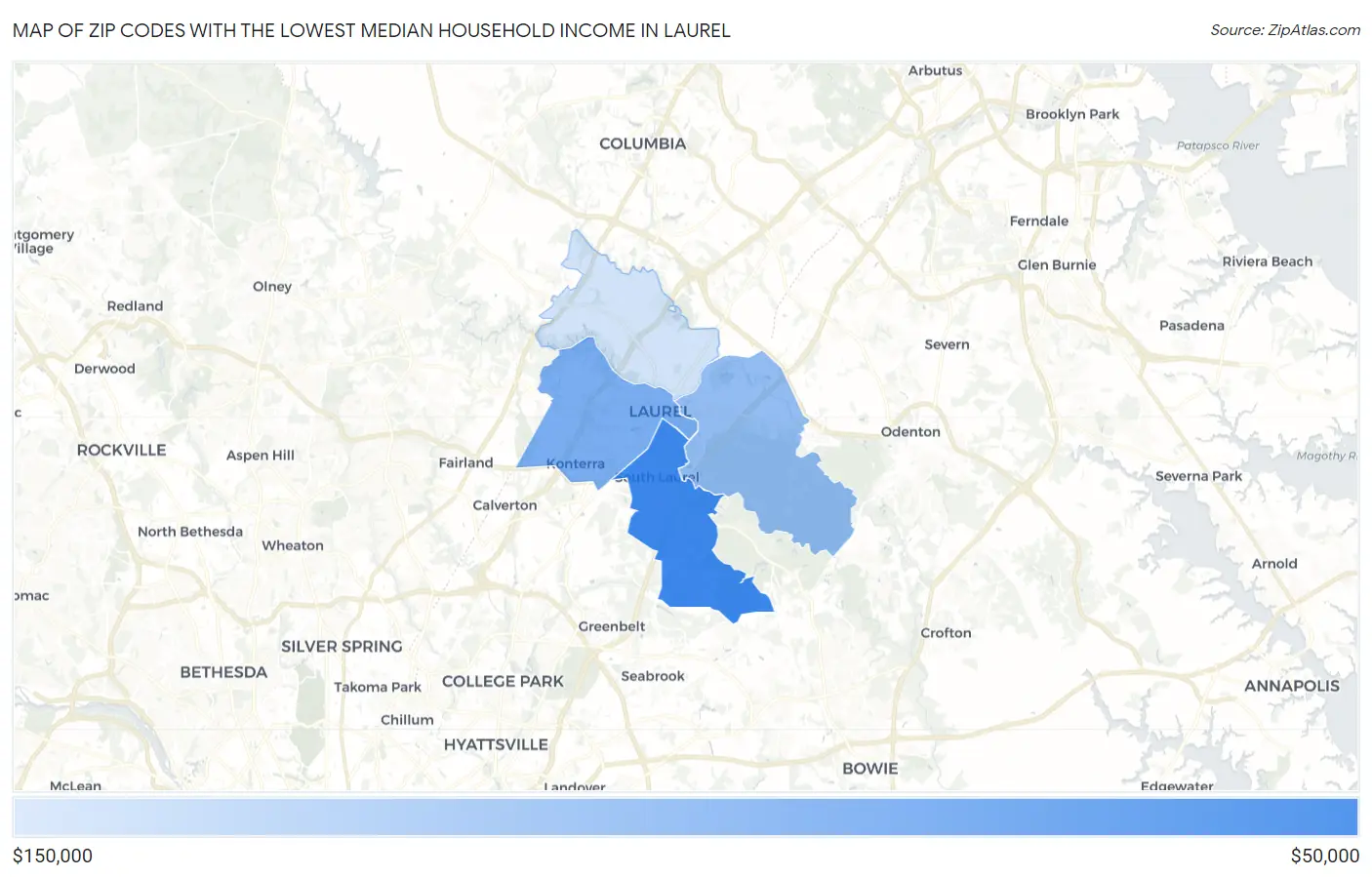 Zip Codes with the Lowest Median Household Income in Laurel Map