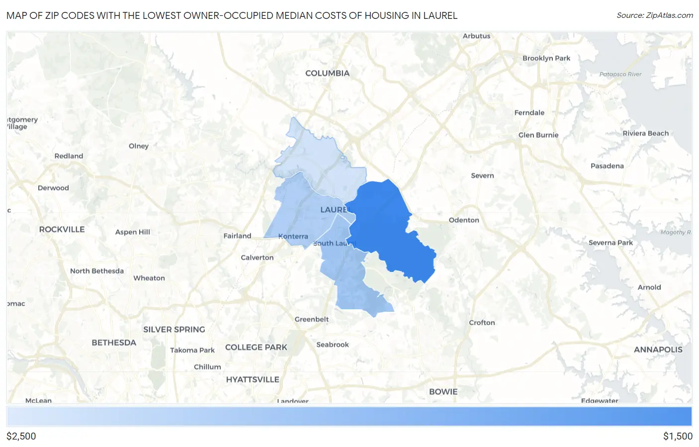 Zip Codes with the Lowest Owner-Occupied Median Costs of Housing in Laurel Map