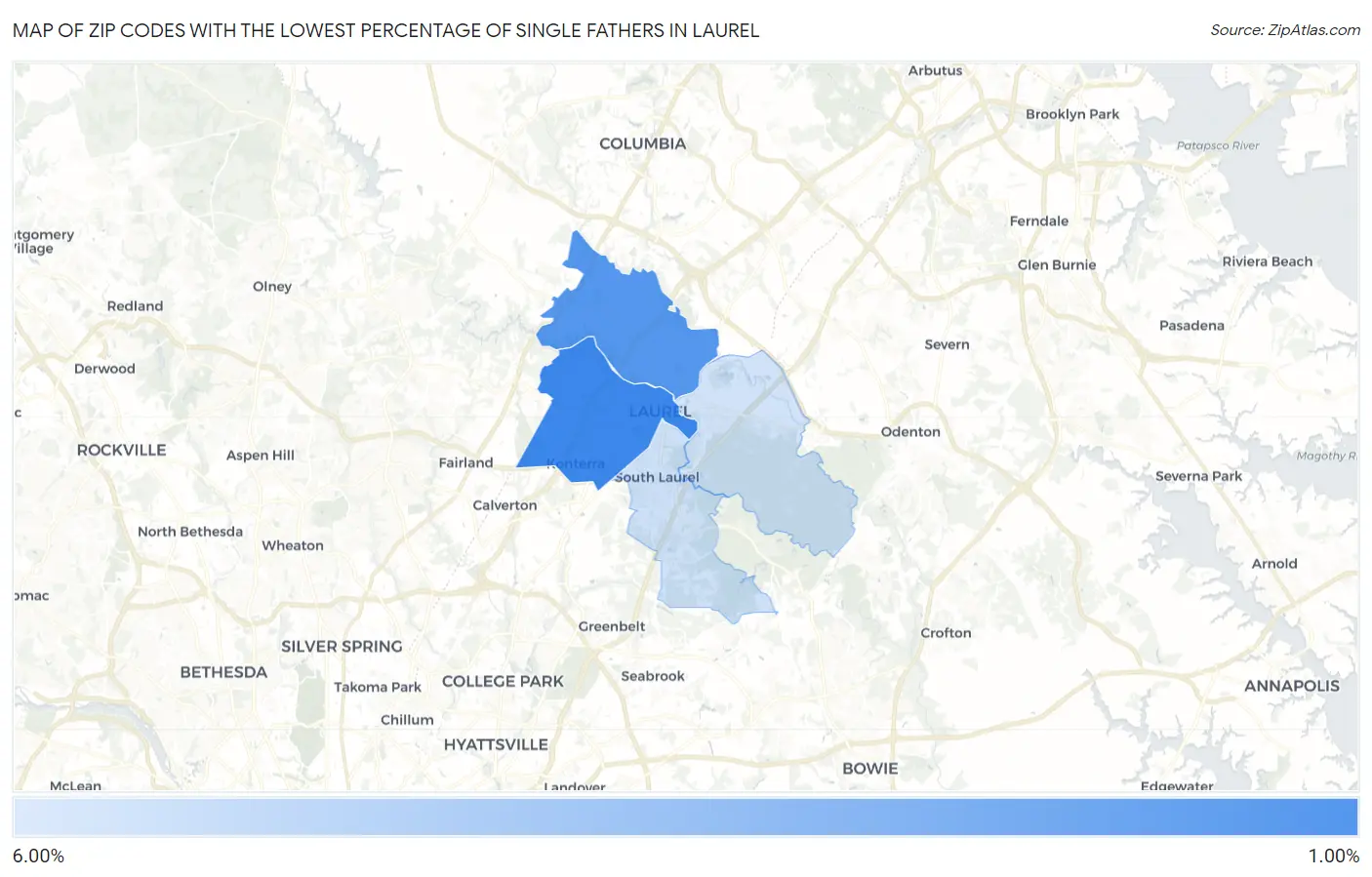 Zip Codes with the Lowest Percentage of Single Fathers in Laurel Map