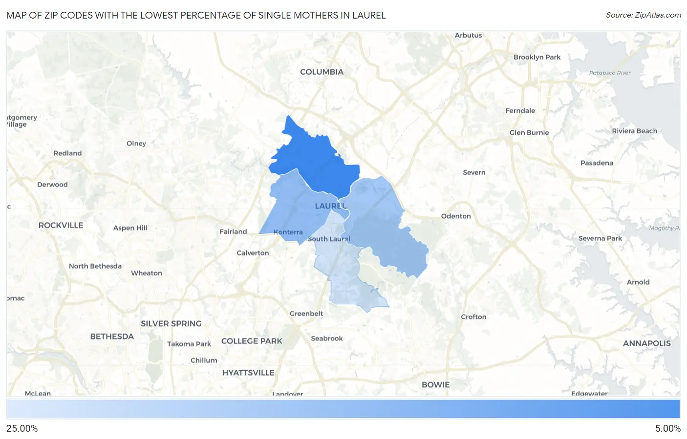 Zip Codes with the Lowest Percentage of Single Mothers in Laurel Map