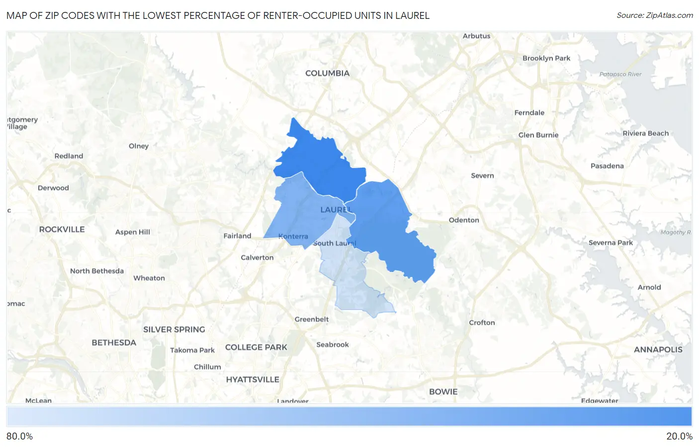 Zip Codes with the Lowest Percentage of Renter-Occupied Units in Laurel Map
