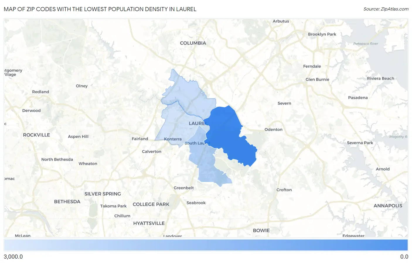 Zip Codes with the Lowest Population Density in Laurel Map