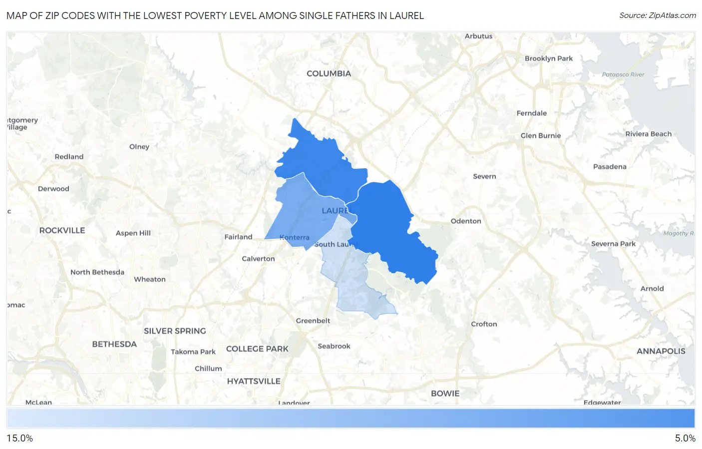 Zip Codes with the Lowest Poverty Level Among Single Fathers in Laurel Map