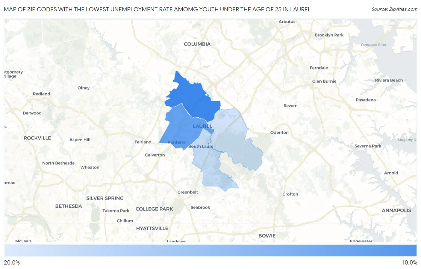 Zip Codes with the Lowest Unemployment Rate Amomg Youth Under the Age of 25 in Laurel Map