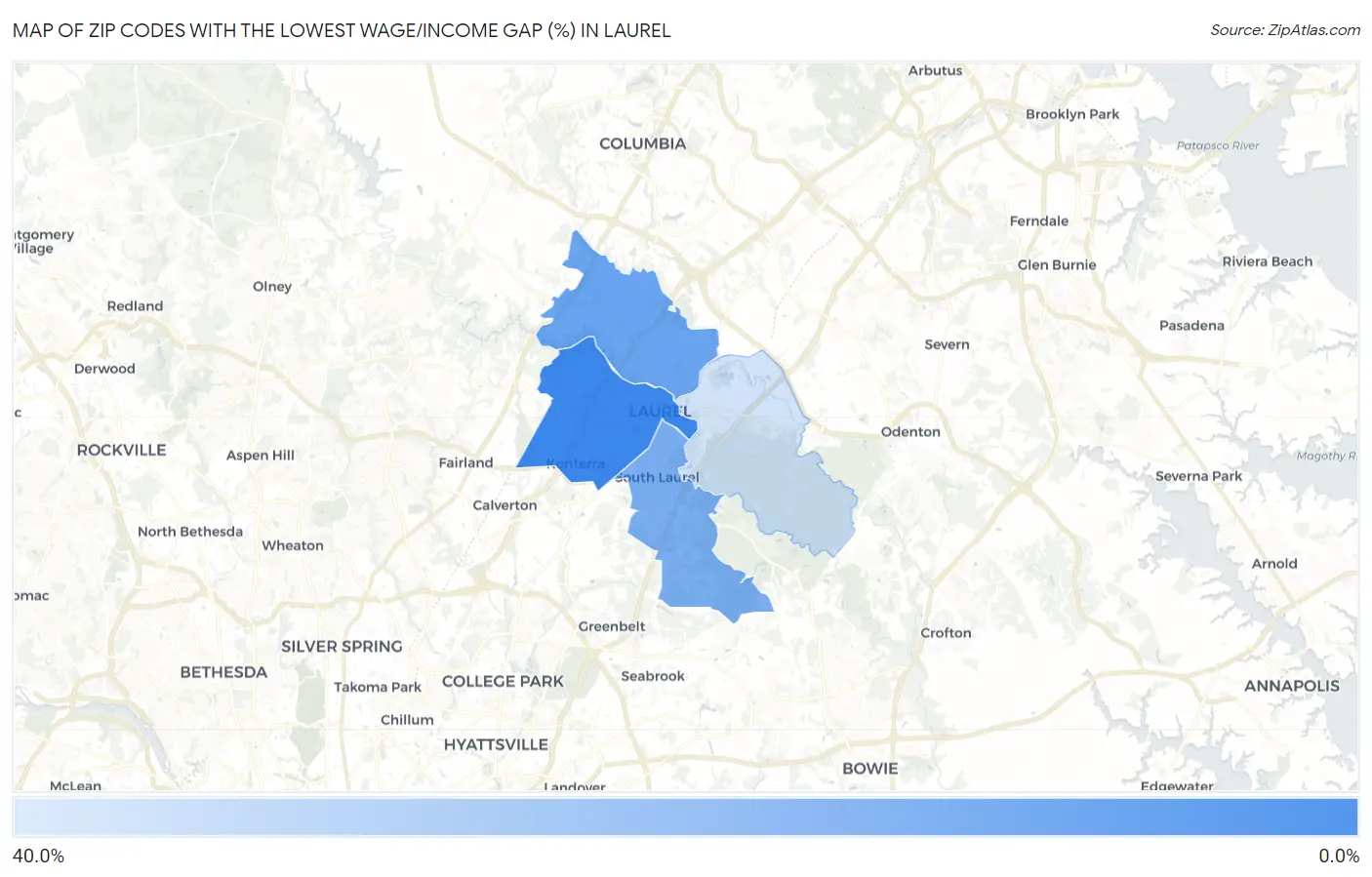 Zip Codes with the Lowest Wage/Income Gap (%) in Laurel Map