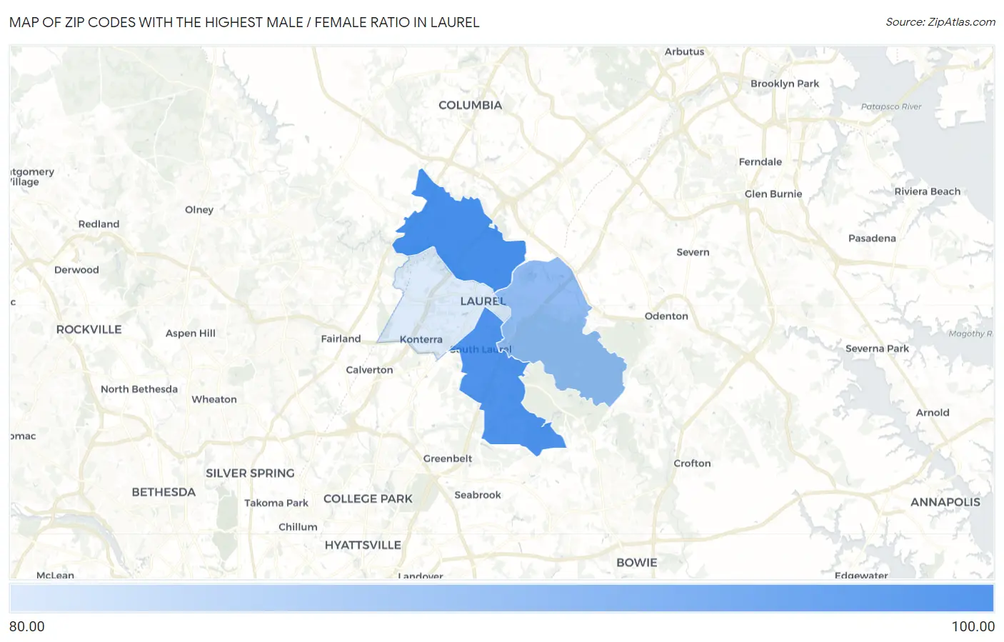 Zip Codes with the Highest Male / Female Ratio in Laurel Map